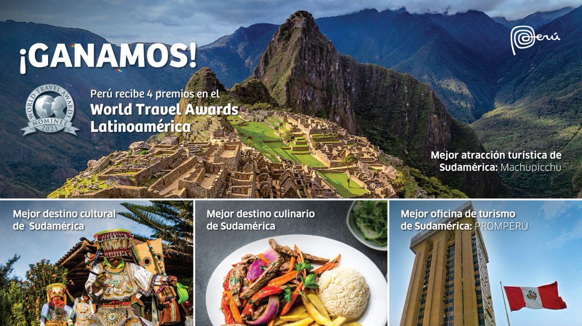 Promperu's tweet photo. ¡GANAMOS! 👏 🤩
Con mucha alegría y orgullo anunciamos por todo lo alto que nuestro país es el ganador de cuatro importantes premios de los @WTravelAwards Latinoamérica.  

#PROMPERÚ #OrgulloPeruano https://t.co/hOIVwWgIQM