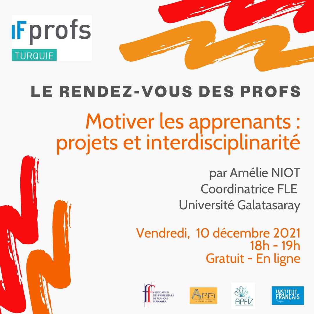 🎓 FLE Formasyonu
Le rendez-vous des profs: « Öğrencileri motive etmek: Projeler ve disiplinler arası geçiş »⠀⠀⠀
📆10 Aralık 2021, Cuma 18.00-19.00 ⠀⠀⠀⠀
Amélie NIOT, FLE koord. – GSÜ
Kayıt 👇⠀⠀⠀⠀⠀⠀⠀
buff.ly/2XtaNdW
