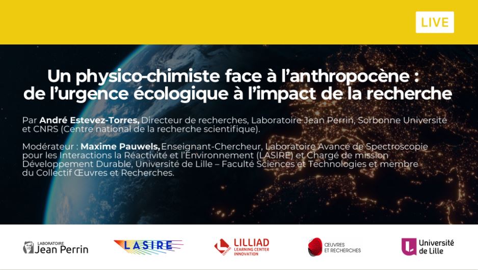 Ce soir à 18h à <a href="/LILLIADlci/">LILLIAD</a>, retrouvez André Estevez Torres en conférence. 

🌎Transition écologique: quels impacts et quelles solutions dans le milieu de la recherche? 

Vous ne pouvez pas vous déplacer? C'est diffusé en ligne!
-->   webtv.univ-lille.fr/live/58/un-phy…
#écologie #transition