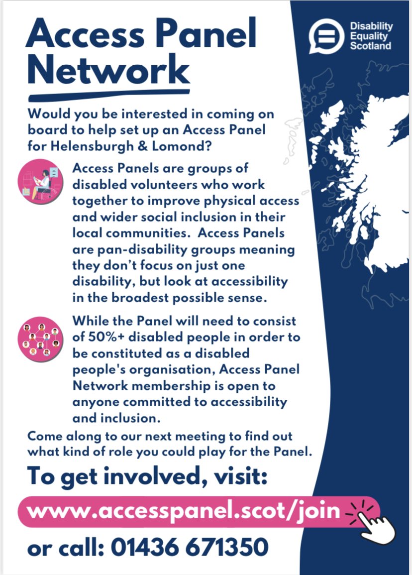 Individuals living in Helensburgh &amp; Lomond are invited to get involved in this new access panel. Contact them direct before 5th Nov for more info #accesspanel #Equality @ENABLEScotland