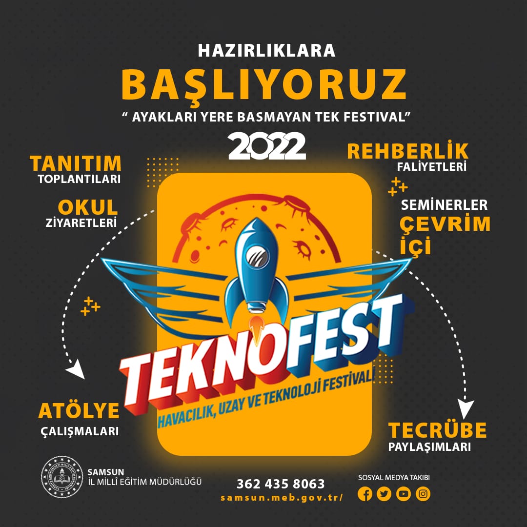 samsunmem's tweet photo. Türkiye'nin ayakları yere basmayan tek festivali TEKNOFEST 2022 hazırlıklarımıza başlıyoruz. Milli teknoloji hamlesine omuz verecek öğrenci ve öğretmenlerimiz için faaliyetler planladık. 2022 Samsun'un yılı olacak 🚀🏆 Bizi takip edin...

@tcmeb @zulkifdagli @gokhanmurat1 https://t.co/X28Km1Ct8W