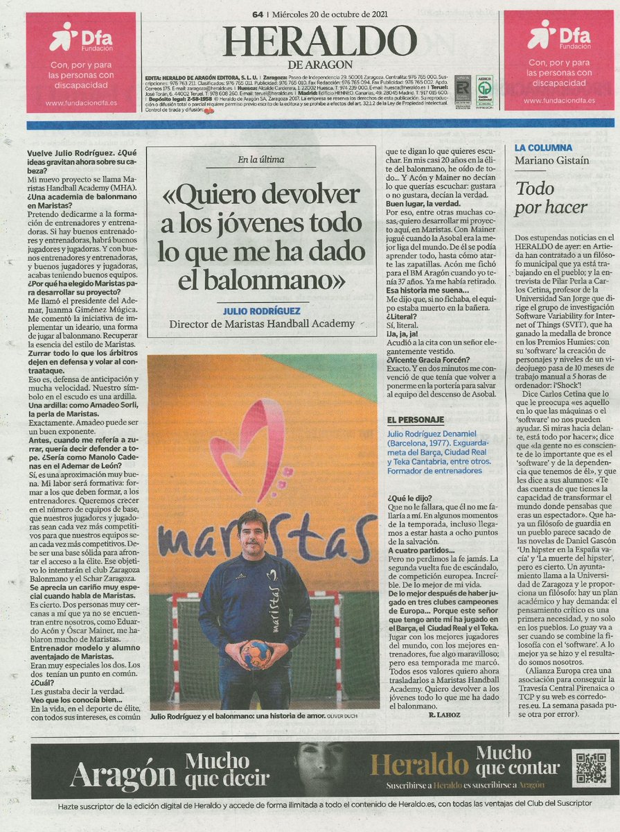 "Si hay buenos entrenadores y entrenadoras, habrá buenos jugadores y jugadoras". En la contraportada de <a href="/heraldoes/">Heraldo de Aragón</a>, Julio Rodríguez explica el proyecto #MaristasHandballAcademy, una apuesta decidida por la formación de los técnicos de <a href="/cdmaristaszgz/">CD El Pilar Maristas</a> y <a href="/BMAdemarZgz/">Club Balonmano Ademar Zaragoza</a> #SomosMaristas