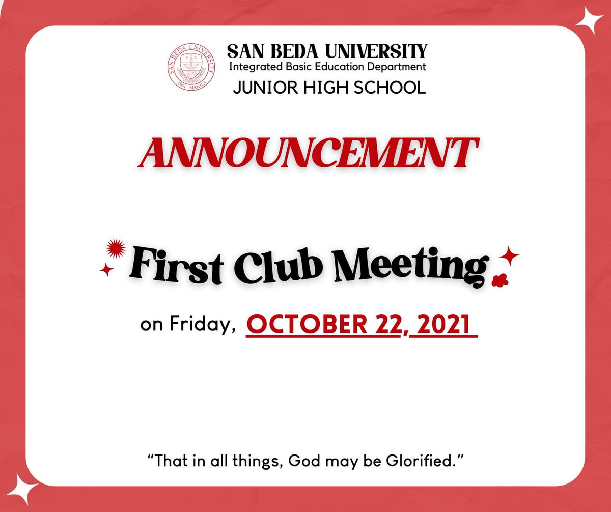 SBURjhsSC's tweet photo. [ANNOUNCEMENT]

This Friday, October 22, 2021 will be the first SLA meeting of the club organizations for this academic year. 

Please be guided accordingly. Thank you, stay safe. https://t.co/WkO8rmW1T5