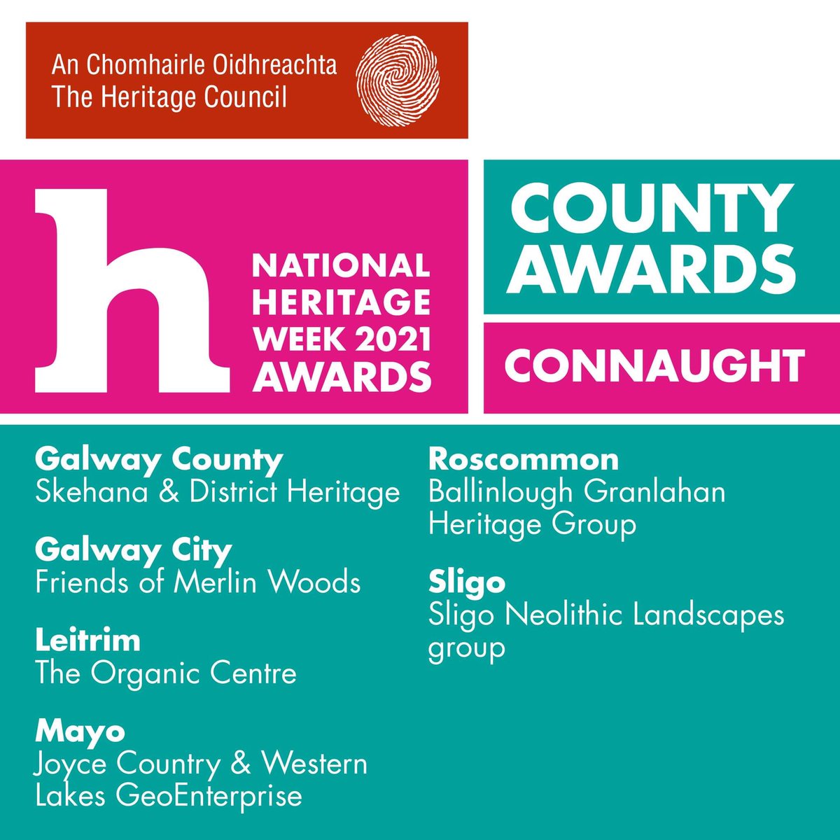 HeritageHubIRE's tweet photo. Congratulations to all our county winners at the national #heritageweek awards today. #heritageweek2021 https://t.co/h26lf4IF0Q