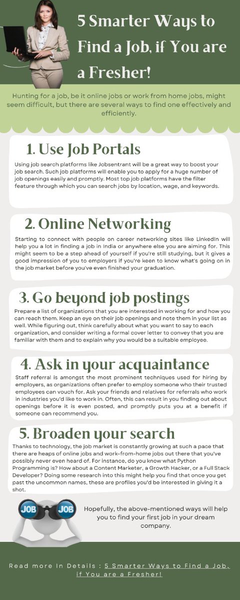 global__adda's tweet photo. There are several ways to find a job, from searching in industry editions and seeking online to subscribing to job search emails. Here are 5 smarter ways to find a job if you're a fresher.
https://t.co/H6ma3xdOA3
#Jobs #findjobs #Freshers #Career #Blog https://t.co/V6Ma88yshu
