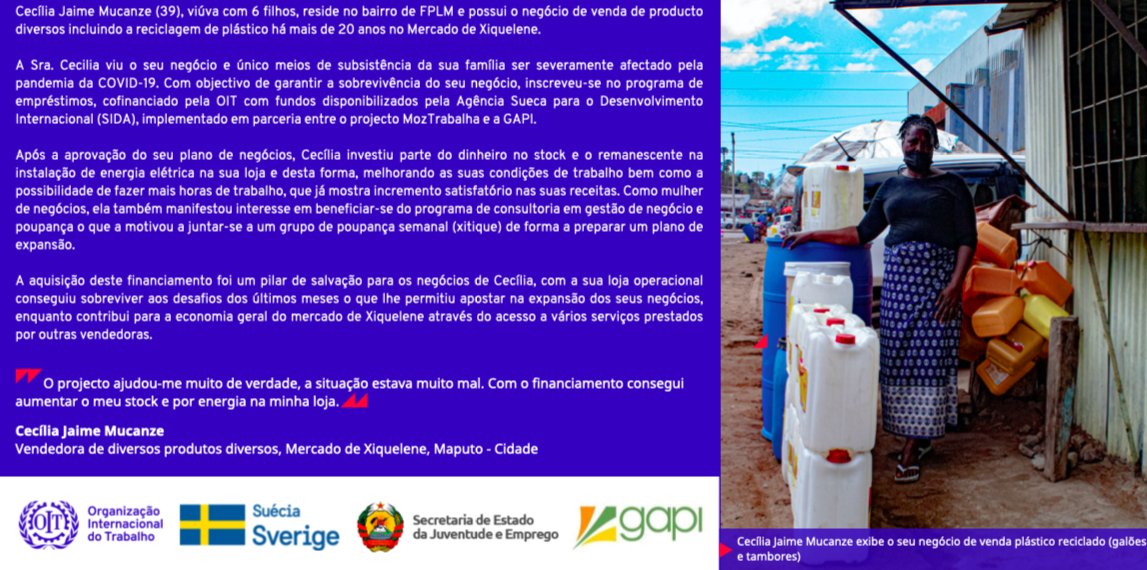 A #OIT através do seu projecto MozTrabalha, com fundos da Agência Sueca para o Desenvolvimento Internacional #SIDA em colaboração com o Governo de Moçambique, estabeleceu uma parceria com a #GAPI para apoiar as Micro &amp; Pequenas Empresas (MPEs) e os operadores do mercado informal.