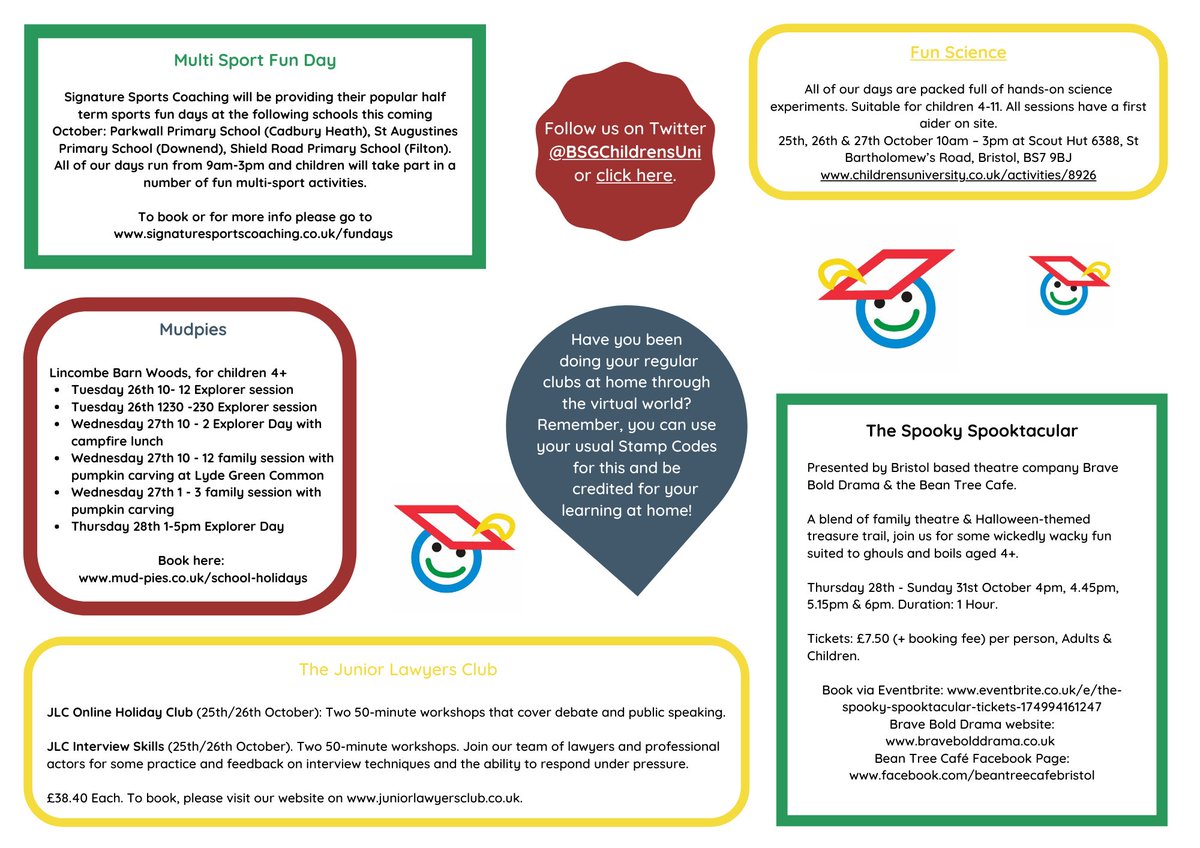 Our October Newsletter is here!

Jam packed with activity ideas &amp; fun ways to earn those learning credits. Check out what's happening this Autumn 👇 

Don't forget to collect those all important stamp codes! ☺️

#childrensuniversity #newsletter #activities