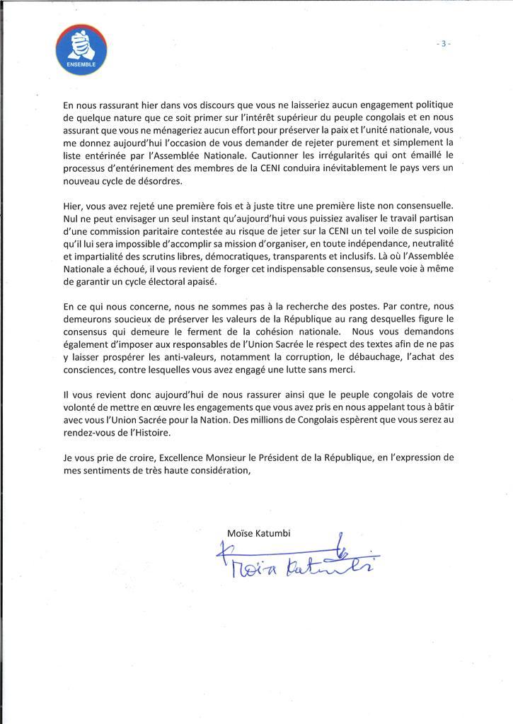 StanysBujakera's tweet photo. #RDC_CENI: La lettre de @moise_katumbi à Félix Tshisekedi.
"Nous ne sommes pas à la recherche des postes (...) Nul ne peut envisager un seul instant qu'aujourd'hui vous puissiez avaliser le travail Partisan d'une commission paritaire contestée (...)" https://t.co/PRUYXFT62N