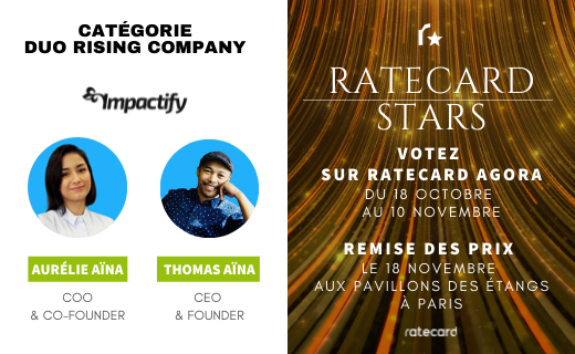 impactify_io's tweet photo. We are pleased to announce that Impactify has been nominated for the ⭐️𝐑𝐚𝐭𝐞𝐜𝐚𝐫𝐝 𝐒𝐭𝐚𝐫𝐬⭐️ in 2 categories:
▶ Rising Company Duo
▶ Video Ad Formats 
Thanks @Ratecard_fr for the honour and congrats to all the nominees! You can vote here https://t.co/N1ly8oolsm ✅ https://t.co/PAzFwt6Hd7