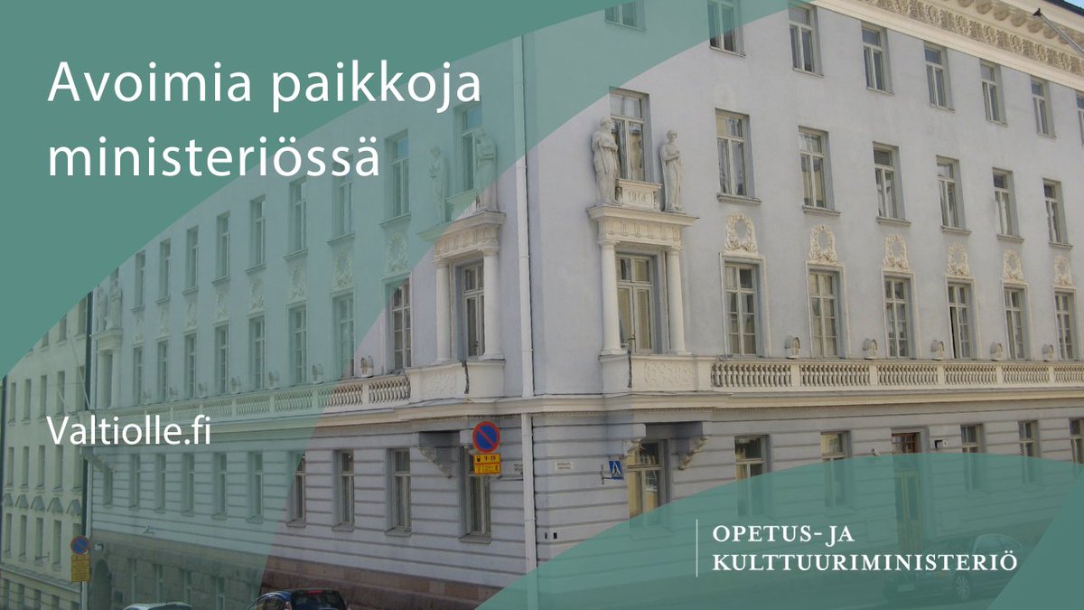Meillä olisi jälleen avoimia paikkoja tarjolla. Etsimme muun muassa kulttuuriasiainneuvosta, hallitussihteeriä sekä kahta opetusneuvosta.

Avoimet paikat verkkosivuillamme ja valtiolle.fi-palvelussa:

👉 okm.fi/avoimet-tyopai…

#Rekry #ValtiollaTöissä