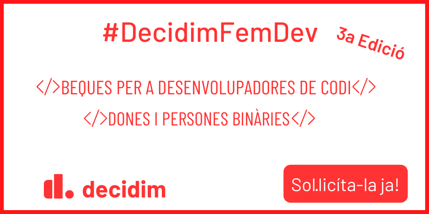 DigitalFems's tweet image. Decidim.org busca dones desenvolupadores i persones de gènere no binari sensibles a
✅ projectes de tecnopolítica
✅ opensource
✅ participació política digital
✅ amb coneixement en programació (1 any min)
🚀Suma’t a #DecidimFemDev!
bit.ly/Decidim3