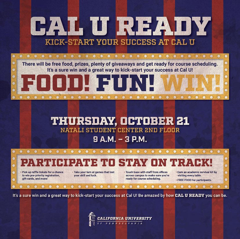 It’s only one more day until the CAL U Ready event! We can’t wait to see you on the second floor of the Natali Student Center between 9am and 3pm on Thursday, Oct. 21st! Play games, win prizes, and eat free food all while getting ready for the next semester! 🎟🎡🎠