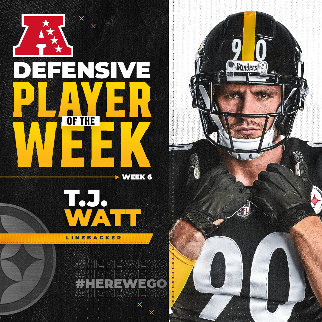 .<a href="/_TJWatt/">TJ Watt</a> has been named AFC Defensive Player of the Week for Week 6!

📝: bit.ly/3aRdYPI