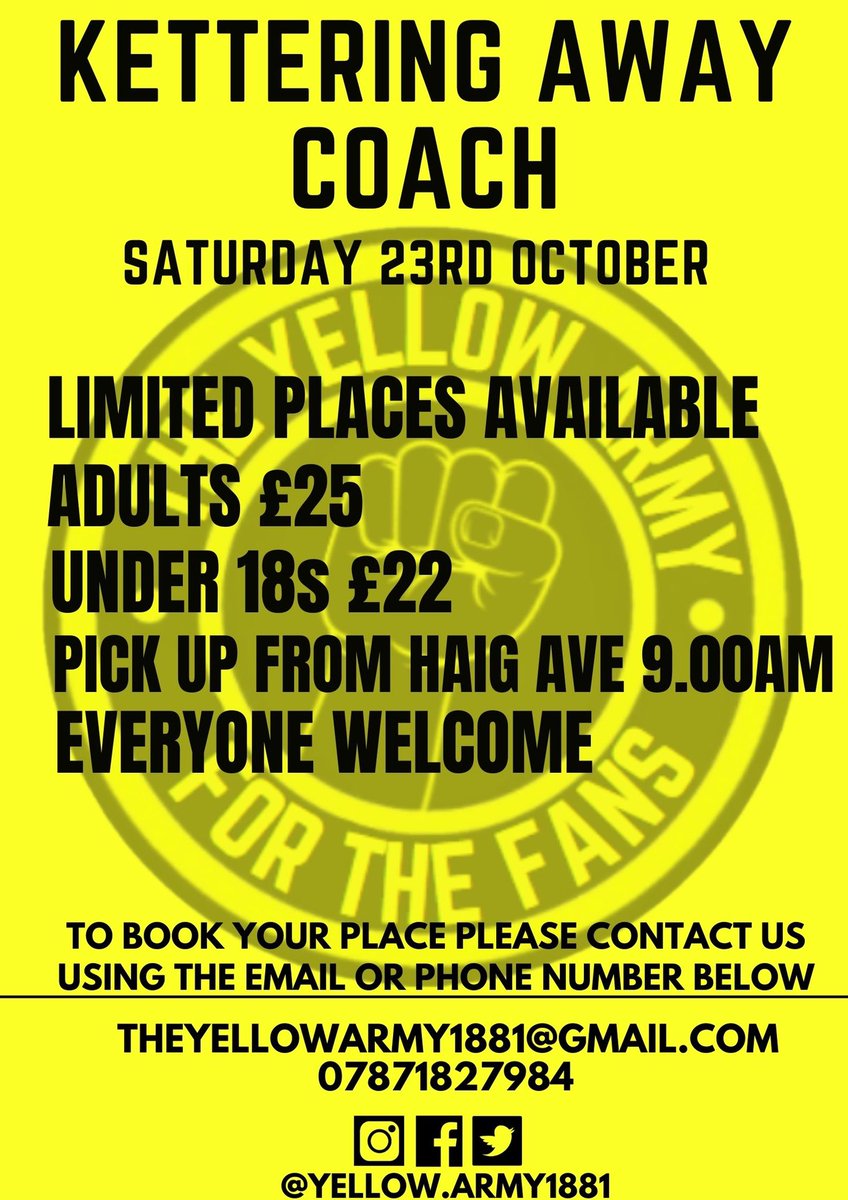 🚌 | BUS UPDATE

Our bus to Kettering on Saturday is running. Please book on now to reserve your space on our last scheduled away game until 20th November. 

<a href="/southport_fc/">Southport Football Club</a> #YellowArmyOnTour 💛