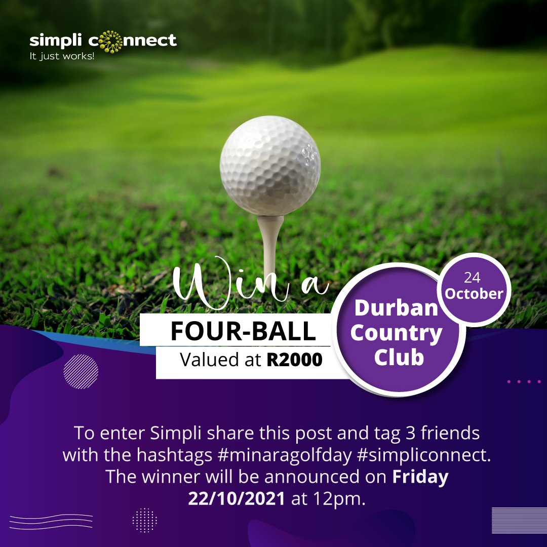 SimpliconnectZA's tweet photo. Hey Durbanites, you and 3 friends can win a 4-ball at the Minara Golf Day this Sunday 24 October. To enter Simpli share this post and tag 3 friends with the hashtags #minaragolfday #simpliconnect. The winner will be announced on Friday 22/10/2021 at 12pm. https://t.co/M4jTGhOXGA