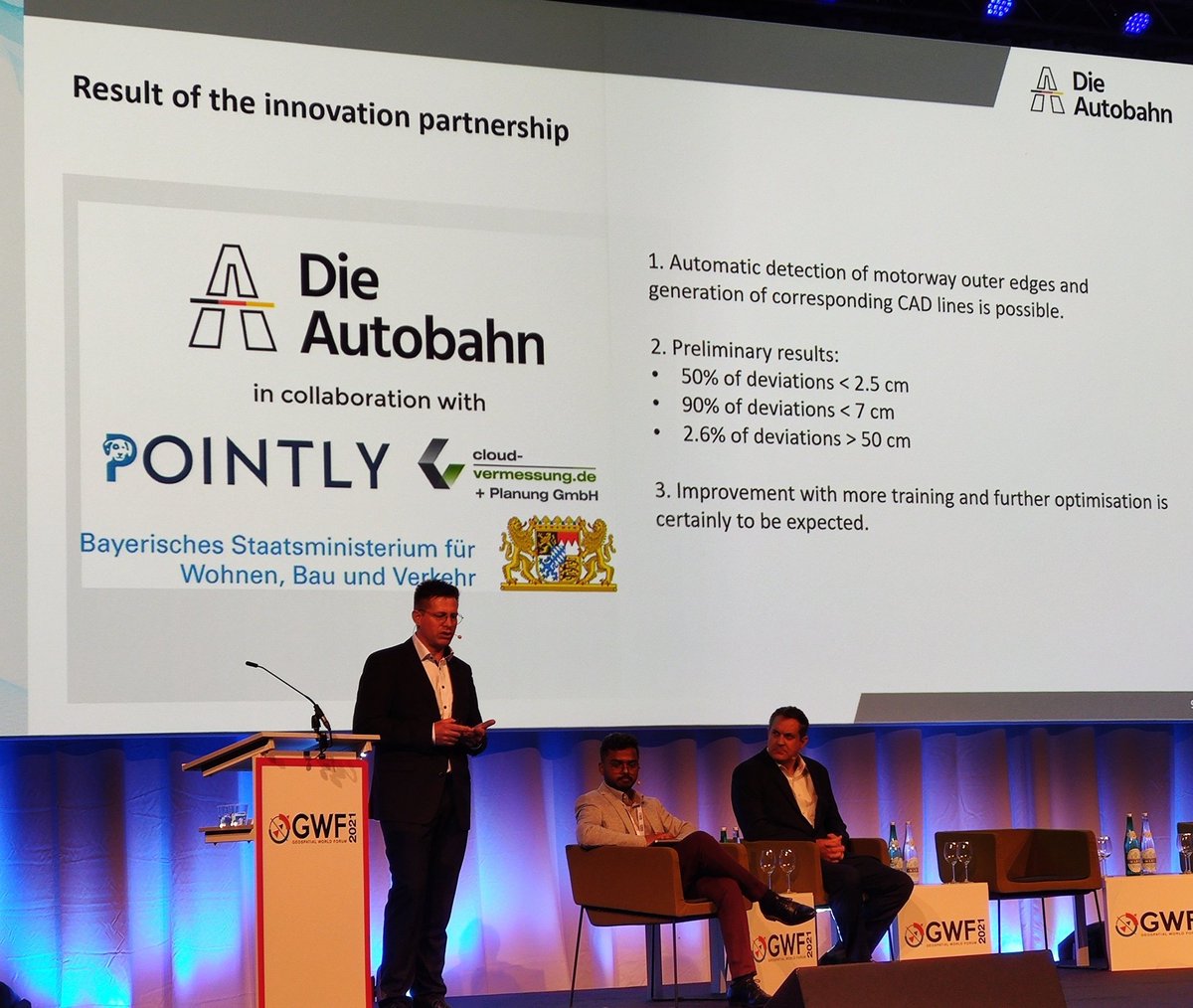 geospatialworld's tweet photo. #GWF2021: Jochen Eid, Head of Planning &amp; Construction, Autobahn, Germany tells the audience about the partnership between Autobahn, @Pointly_AI, and Bayerisches Staatsministerium and the result of this innovation partnership https://t.co/kJJZ6dwg3c