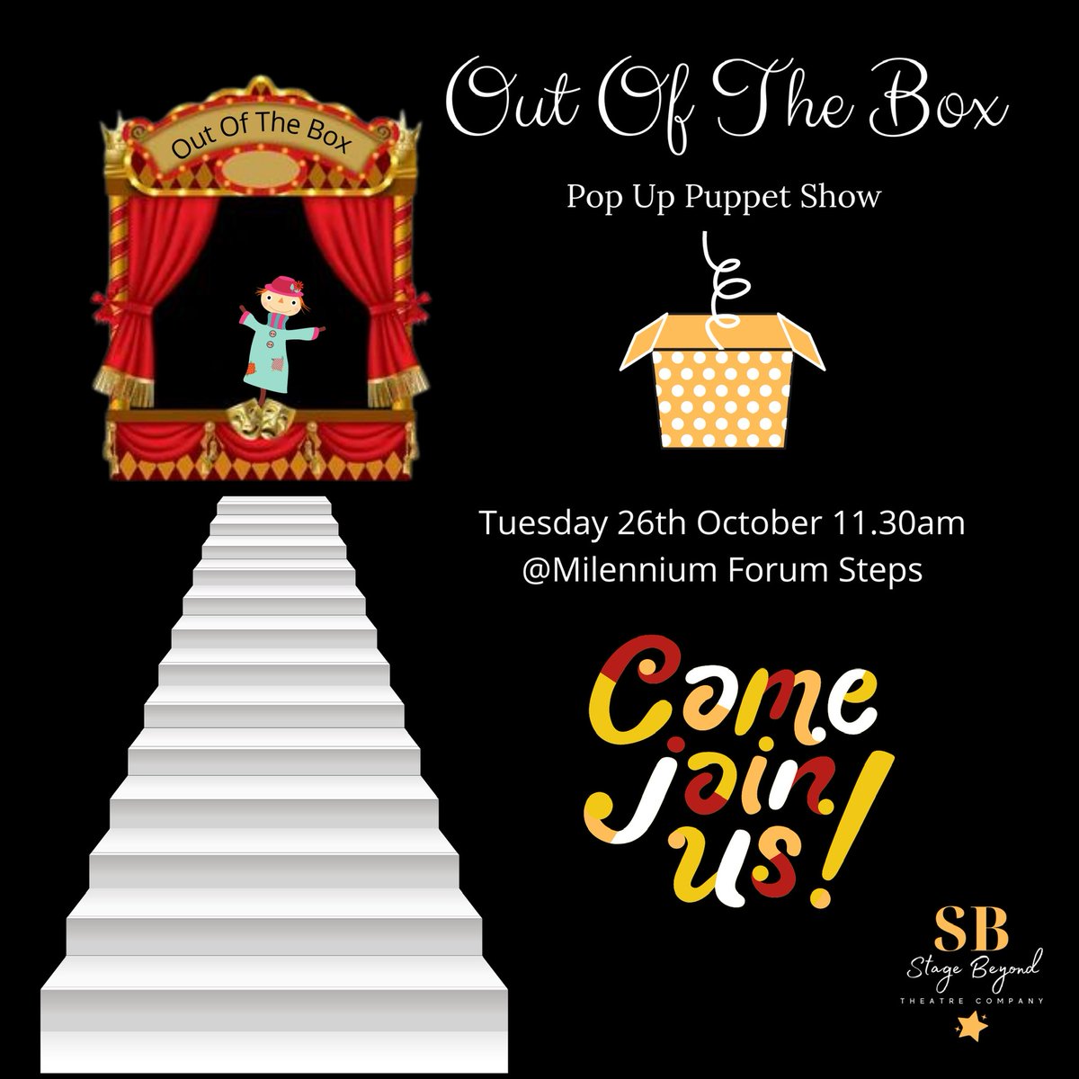 We would love for you all to join us next Tuesday for our pop up puppet show, “Out Of The Box”.

We will be performing at the front steps of the @millenniumforum with some very interesting guests 🤔 
Hope to see you there!
<a href="/MillenniumForum/">Millennium Forum</a>