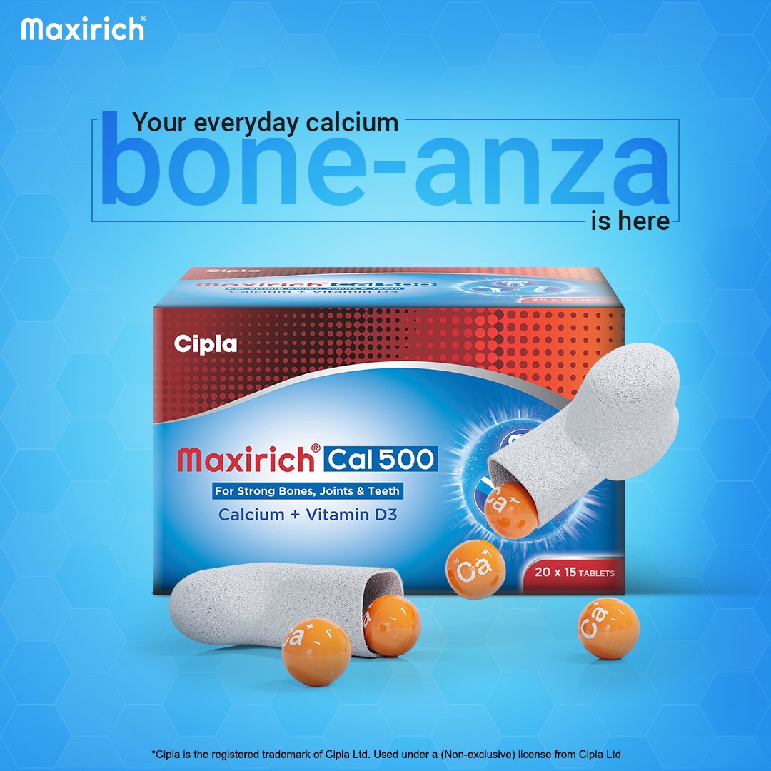 maxirich_in's tweet photo. A good amount of calcium intake is essential for keeping your bones, joints and teeth strong. #Maxirich Cal500 helps you achieve your daily calcium requirement. Get it from your nearest medical stores now.
#Cal500 #calcium #Vitamin #strong #bones #joints #teeth @Cipla_Global https://t.co/5dMYdwt5us