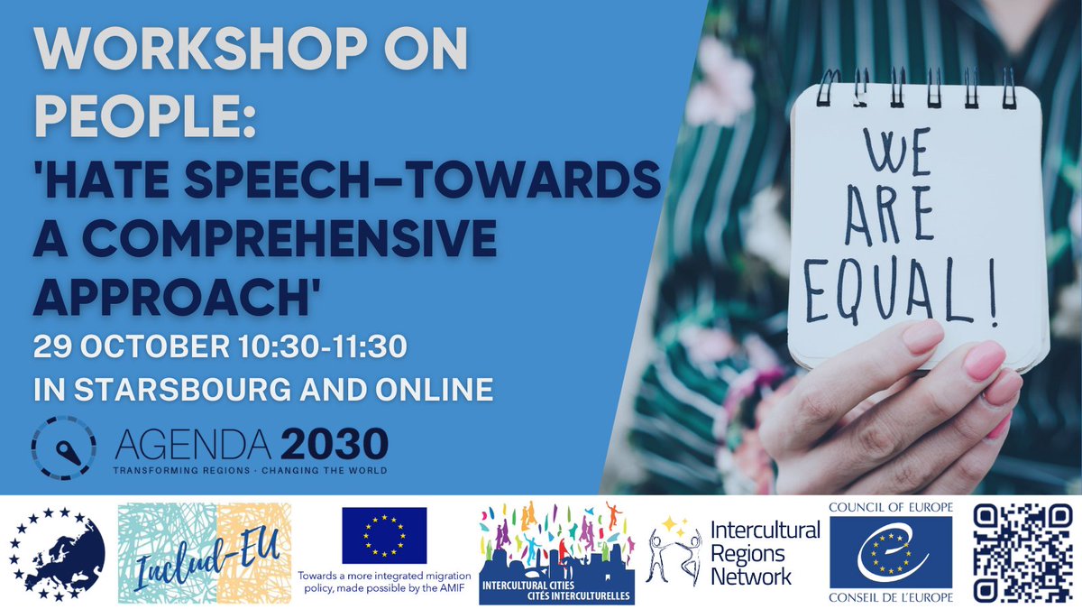 Regions2030's tweet photo. 🆕 #Agenda2030 WORKSHOP 🚨
Join us on 29 October to learn how we can increase the involvement of of stakeholders in initiatives related to the causes of #HateSpeech within regions.
Registrations close tomorrow, 21 October! 👇 
https://t.co/aQzZ0x6GTV
#TransformingRegions2030 https://t.co/vpJkjQ4cXX