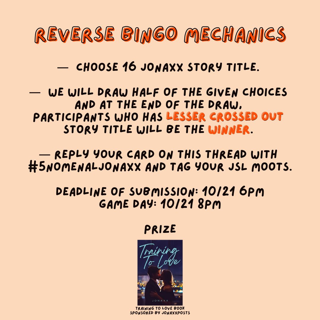 jslbicolchap's tweet photo. We're done to our 5th and last #5noMenalJONAXX game 🧡

▪️REVERSE BINGO▪️
          10/21 | 8PM

mechanics:
— rt &amp; like this tweet  
�� mbf @jslbicolchap &amp; @jonaxxposts
— read carefully the reverse bingo mechanics

goodluck!!! https://t.co/QbhhS9kvXy
