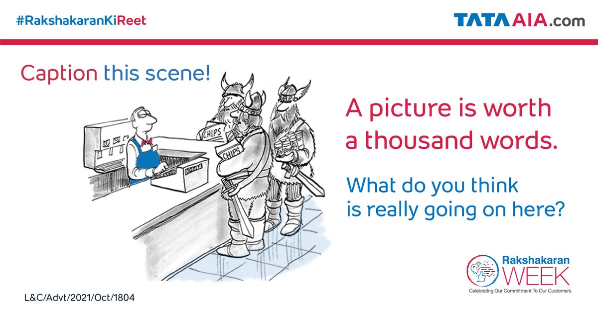 TataAIA_Life's tweet photo. Tickle your brain and caption this scene. Tell us your answers in the comments section below and the best answer will win an exclusive voucher.
#ConsumerWeek #ConsumerAwarenessWeek #Consumers #RakshakaranWeek #RakshakaranKiReet
Disclaimer: https://t.co/cCAt3kfefn https://t.co/Nncb62roAu