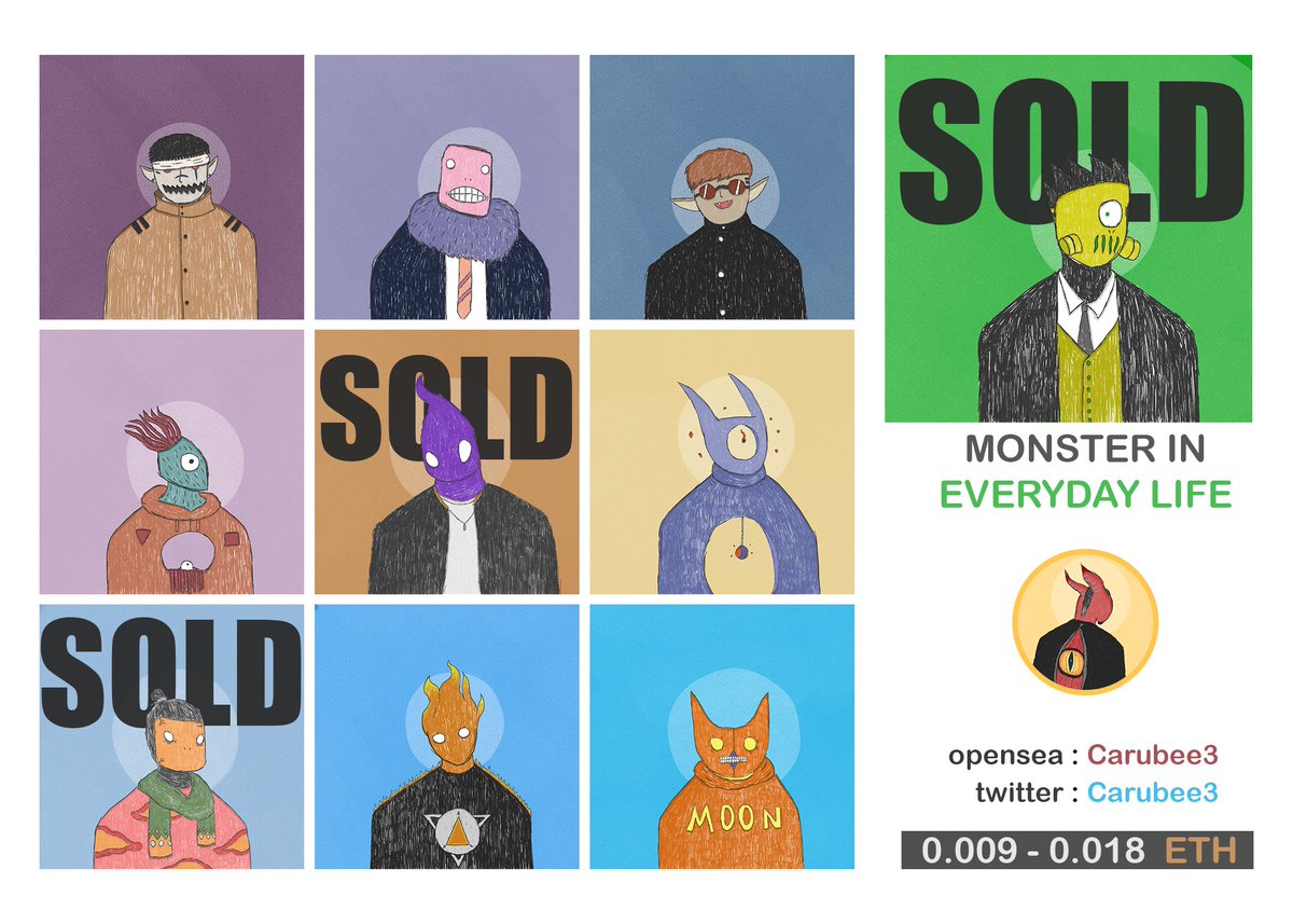 Update Monster!! 🎉🎉
🟡Rare 1 Sold🚫!!
🔵Uncommon 3
🟢Common 6 
Hope you like my monster ❤️❤️
Check it : opensea.io/collection/mon…
#NFTs  #nftcollector  #NFTartist  #NFTCommunity 
#NFTthai