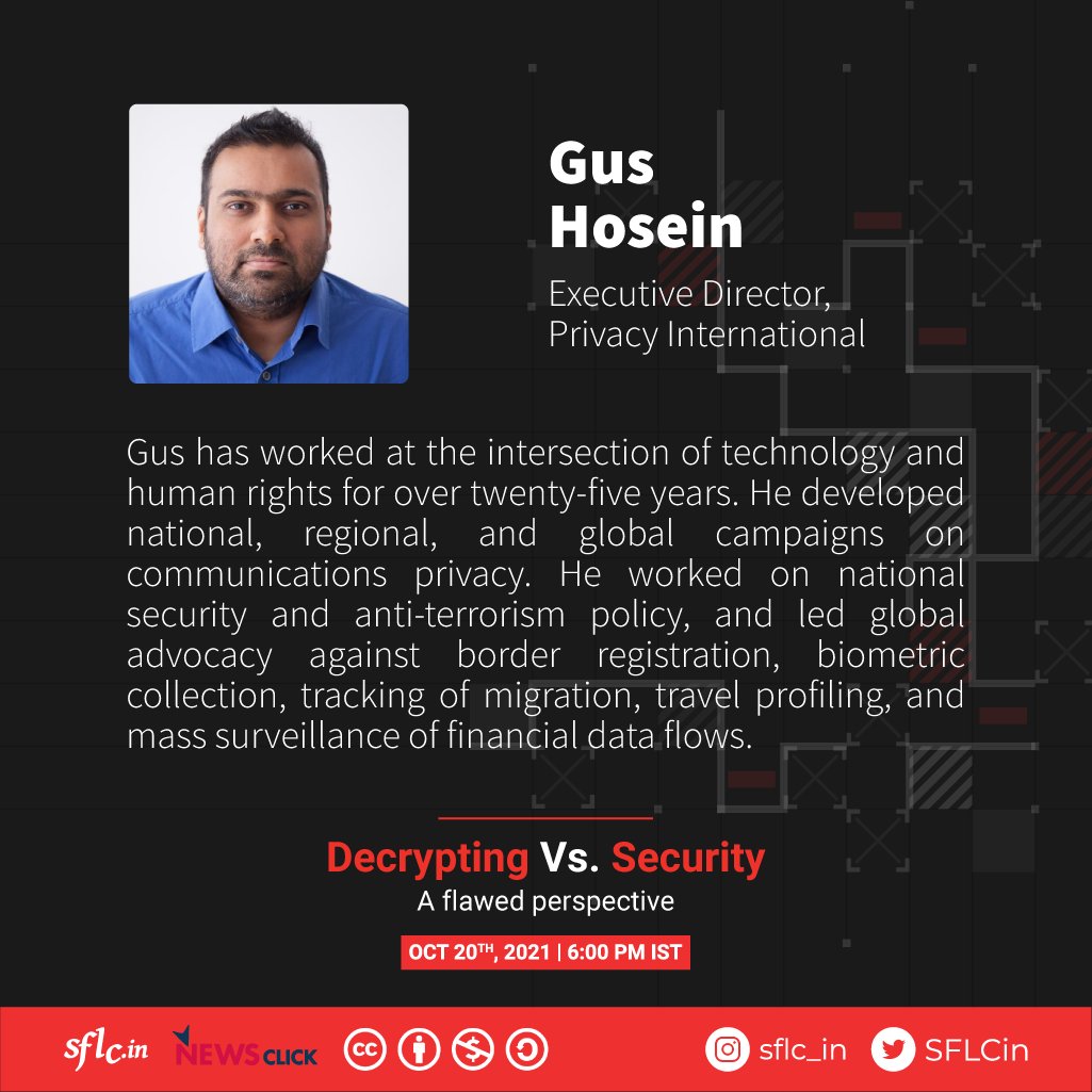 SFLCin's tweet image. #PrivacyVsSecurity
@GusHosein states -
&quot;The modern world is now mostly run by large companies with trans national interests. Encryption allows for us to build digital infrastructure in a way that locks adversaries out. Everybody should want that. That&apos;s why encryption exists.&quot;