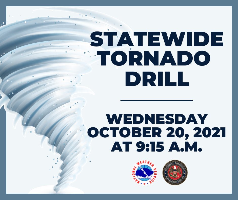 angarner's tweet image. Don’t be alarmed, Be Prepared!
A statewide tornado drill will take place across Mississippi TODAY at 9:15 AM. MEMA encourages everyone to take this time to practice your tornado safety plan!