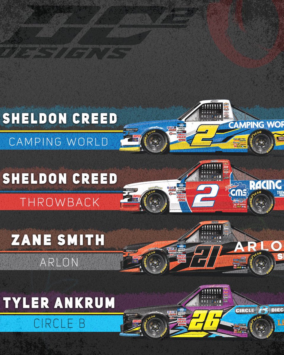 ItsMichaelCarey's tweet photo. A pit crew member turned designer is @dc2designs , who took an opportunity at BK Racing in the print department a few years ago.

Now, @GMSRacingLLC brings some of the best on the Truck grid thanks to his work.

Which is your favorite? 🤔 

#NASCAR https://t.co/pkJtnCsgWG