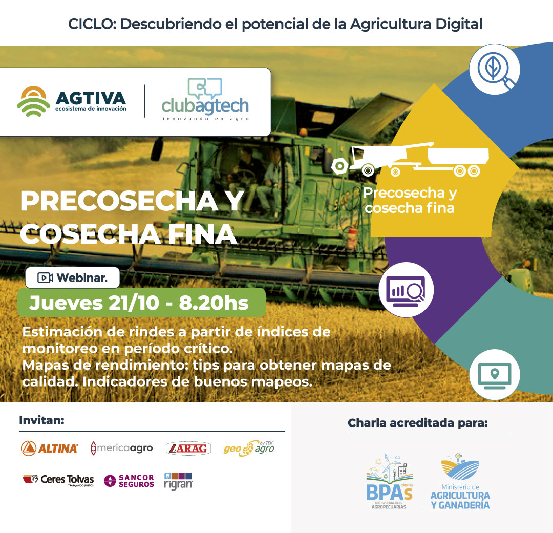 AltinaArg's tweet photo. ¡Nuevo taller del ciclo Descubriendo el potencial de la Agricultura Digital! 🌿 #AGTIVA y @Club_AgTech 📡
⠀⠀
Este mes dedicado #Precosecha y #Cosecha de fina 🌾 
⠀⠀
¿Cuándo? 🗓️ Jueves 21/10 - 8.30 hs
Inscribite acá: 🔗 https://t.co/6Yb3RVI7RG https://t.co/bu1ISgOZ7T