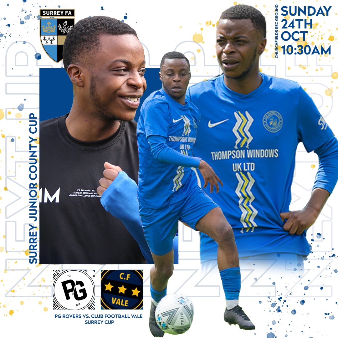 NEXT UP!💙

⚽️ SURREY CUP
🏟 CHURCHFIELDS REC GROUND, KT9 2HD
🆚 CLUB FOOTBALL VALE
🕚 10:30AM
📆 SUNDAY 24TH OCTOBER 

Come and support the boys! 

#PG