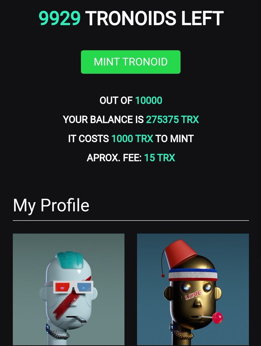 TheTronoidsNFT's tweet photo. The #TRONOIDS are live and thriving, all checks and tests completed, minting works beautifully and our lovely #noids will pop up in your wallet immediately after mint 🔝

Go to https://t.co/SJ4EwjkNTN to mint one or more of these beauties of #noids 💥📢 #NFT #trc721 #TRON #NFTs https://t.co/C1yeX2ZTIw