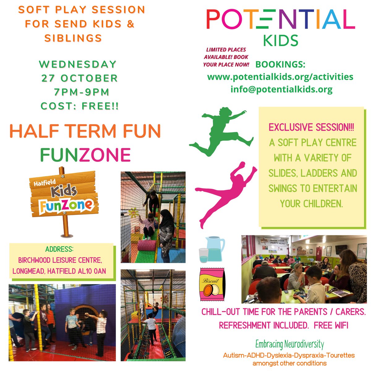 🎉HALF TERM FUN 🎉
⭐️FREE⭐️ FUNZONE Evening Session. 🤸🏻‍♀️🌙🤸🏼
⏰Weds 7pm - 9pm
⚠️Limited numbers - Age 7+ 
BOOKINGS: potentialkids.org/activities #halfterm #Neurodiversity