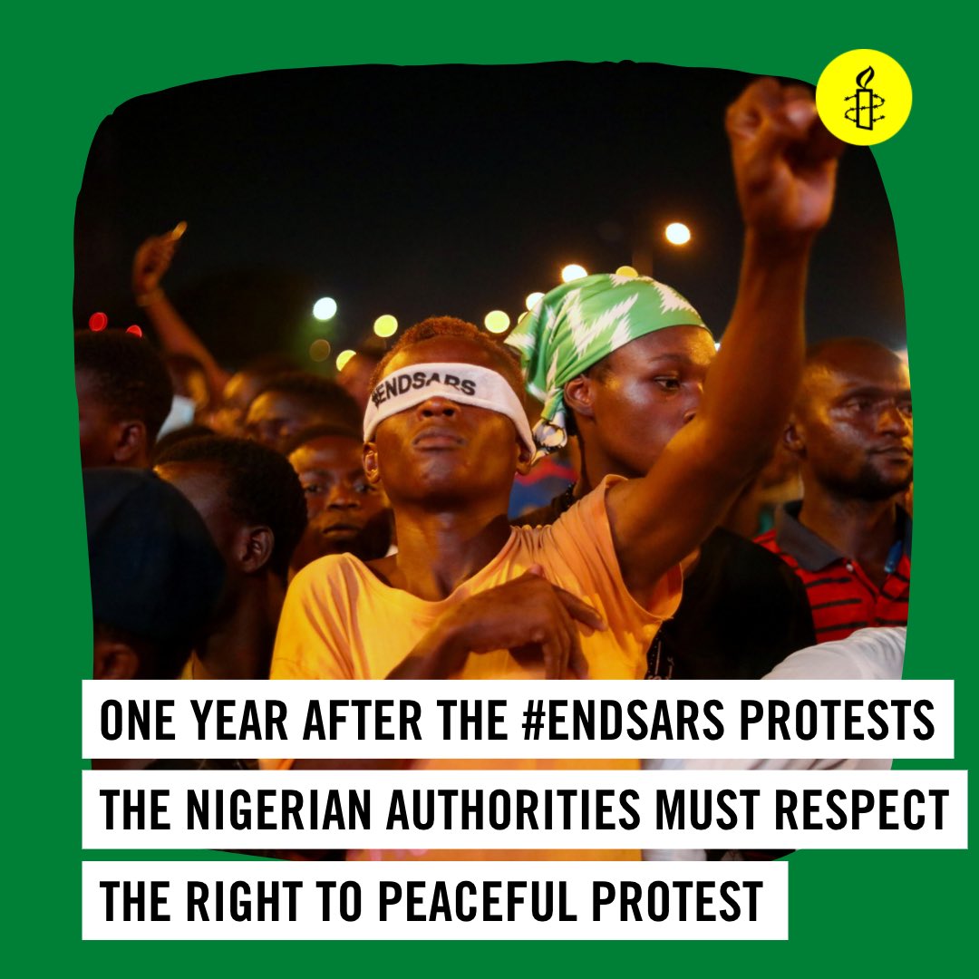 AmnestyNigeria's tweet photo. Nigerians must not be denied the constitutionally and internationally guaranteed right to peaceful protest. All those detained or missing since the #EndSARS protests must be immediately released or reunited with their families. #EndSARSMemorial #Nigeria🇳🇬 #LekkiTollGate #Lagos https://t.co/em0lxSjEJz
