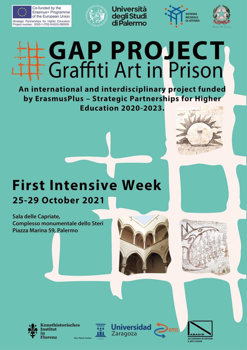 GAP_ArtPrison's tweet photo. ⏰ Siamo entusiasti di annunciarvi che giorno 25 ottobre prenderà il via la Prima Settimana di Studio Intensivo del progetto 𝗚𝗔𝗣 - 𝗚𝗿𝗮𝗳𝗳𝗶𝘁𝗶 𝗔𝗿𝘁 𝗶𝗻 𝗣𝗿𝗶𝘀𝗼𝗻- un progetto @EUErasmusPlus
@unipa_it @unizar @FacultadFiloZgz @khiflorenz @abadiracademy https://t.co/EUM96gQgvQ