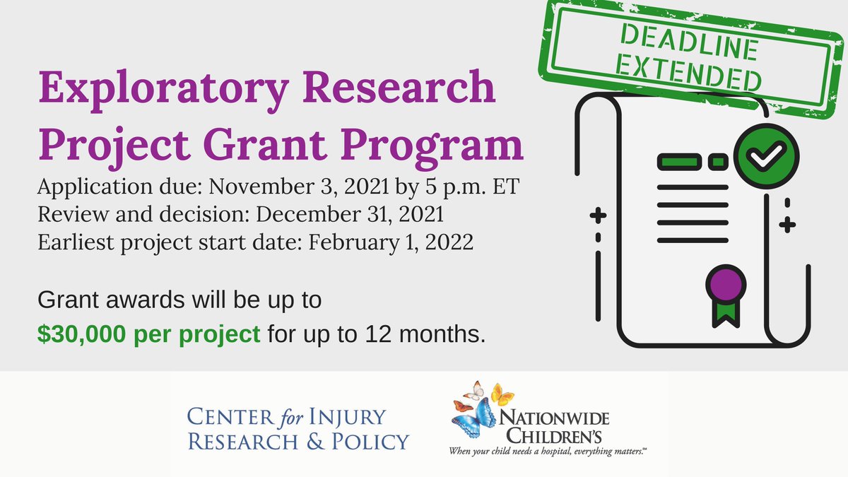 CIRPatNCH's tweet photo. Just a couple weeks left to apply! Child injury & violence research grant opp for those in federal Region 5 (IL, IN, MI, OH, WI, MN). App due Nov. 3 by 5 pm ET. Grant awards up to $30k per project for up to 12 months. https://t.co/TYw0XTTgK4 #RequestForApplications #RFA https://t.co/IOtmcSq9vY