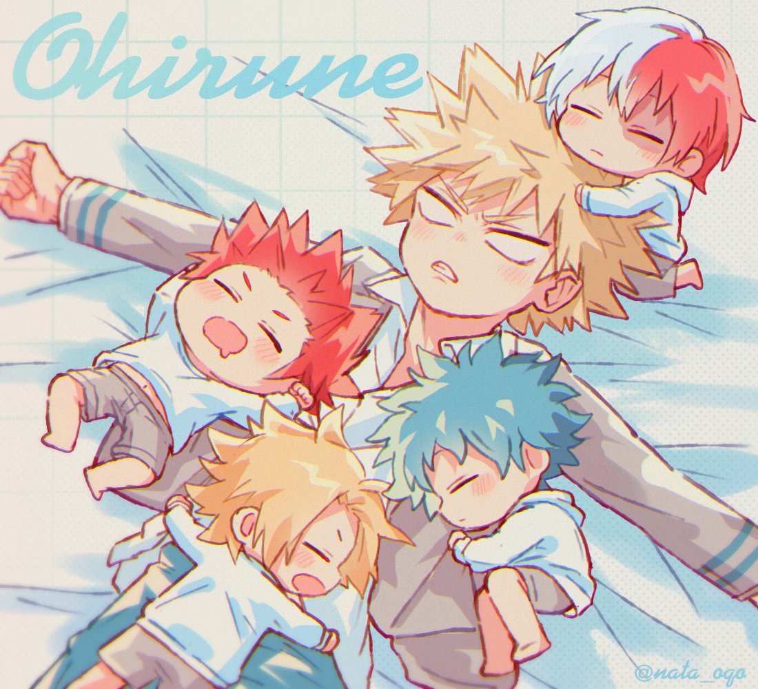 bakugou katsuki ,midoriya izuku ,todoroki shouto red hair blonde hair aged down male focus multiple boys sleeping spiked hair  illustration images