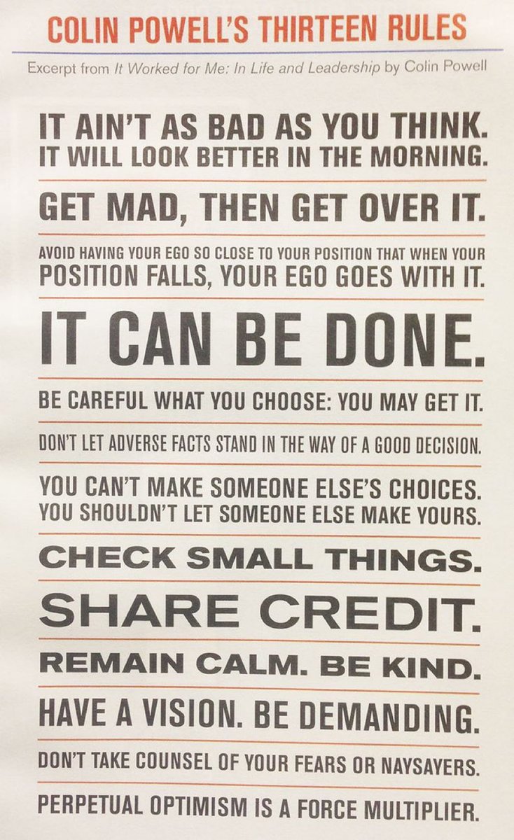 elvisduran's tweet photo. Discussed on the show today, Colin Powell’s Thirteen Rules of Leadership. https://t.co/XAAETr8tYG