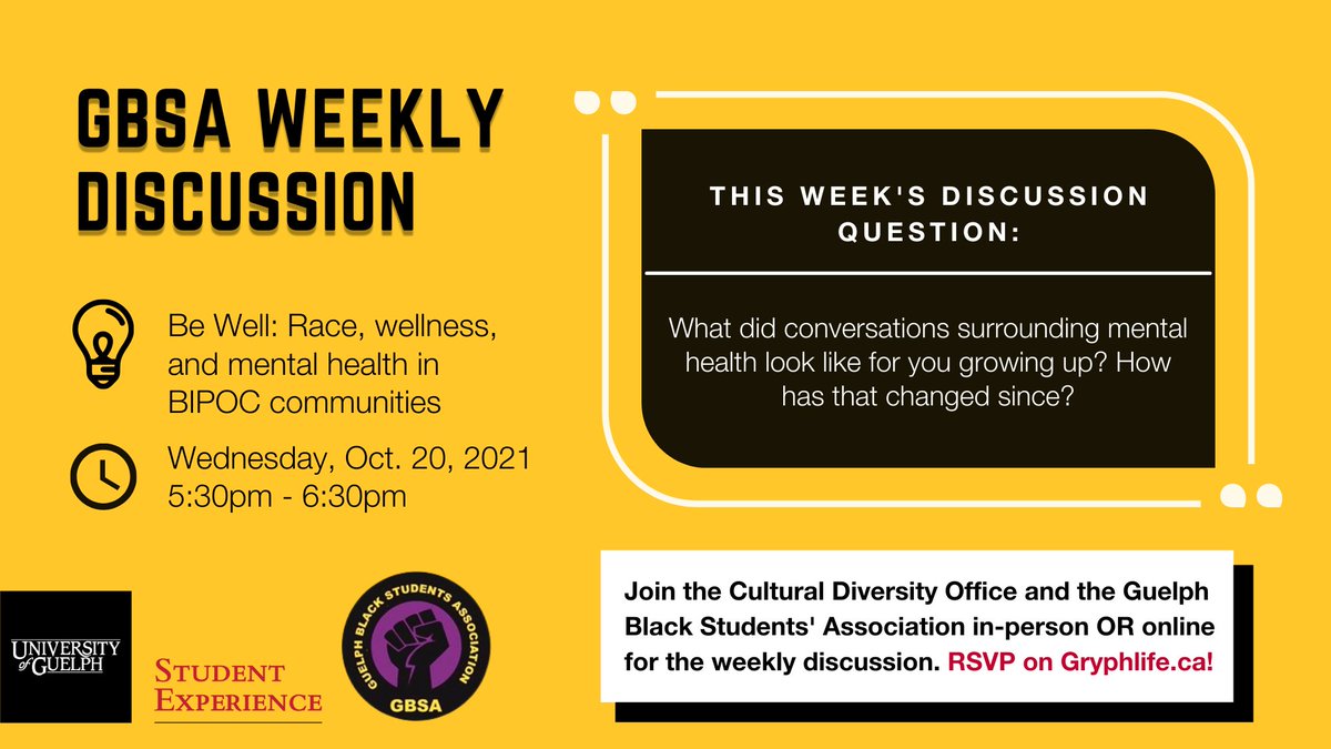 UofGStudentExp's tweet photo. Come listen, learn, and participate in this week’s discussion in-person OR online!
Join us today from 5:30-6:30 for a discussion about race, wellness & mental health in BIPOC communities.
RSVP: https://t.co/HRtzf370qT
#UofGStudentExp #BIPOC #MentalHealth https://t.co/8iJjV1ZGfD