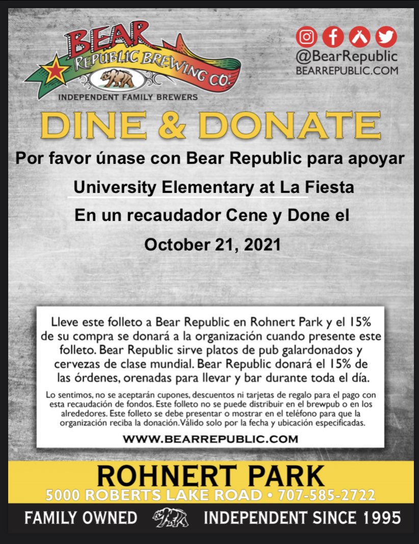 Done &amp; Donate <a href="/BearRepublic/">Bear Republic</a> Rohnert Park location this Thursday! Show this flyer to support the UELF PTA!!