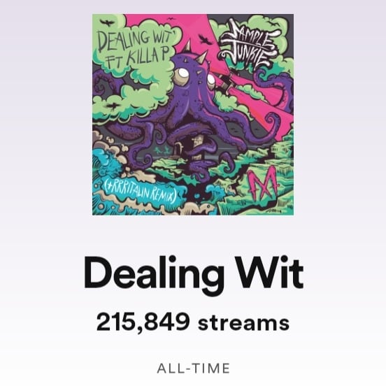 "Sample Junkie - Dealing Wit ft Killa P" just hit over 200k plays on <a href="/Spotify/">Spotify</a>  

Cheers for all the support and shoutouts to Killa P again for the fire vocal!

We will be announcing our next release for Mutant Bass very soon 👀