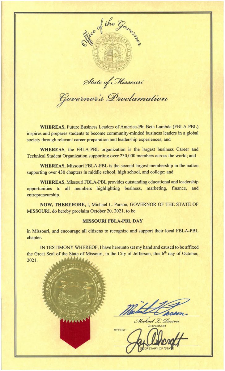 Today we celebrate the amazing opportunities that our association offers to members and advisers. Happy Missouri FBLA-PBL Day! <a href="/MOEducation/">Missouri DESE</a> @GovParsonMO