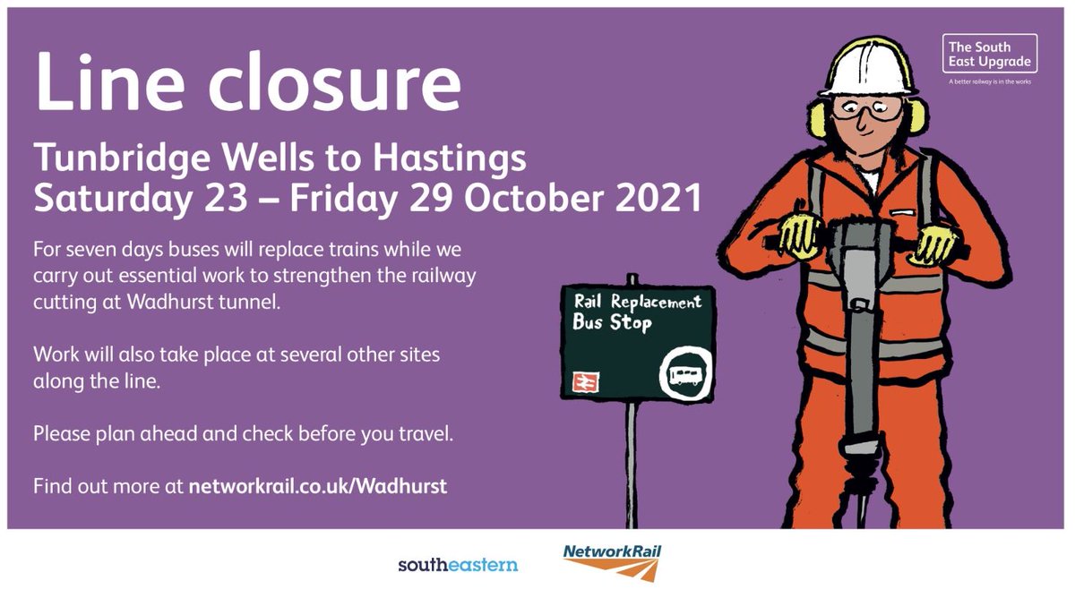 🚧 The #HastingsLine will be closed between Tunbridge Wells and Hastings from Saturday 23 October to Friday 29 October inclusive, while Network Rail carry out work to prevent landslips.

🚌 Buses will replace trains during this closure.

Travel advice: bit.ly/3BLpIic