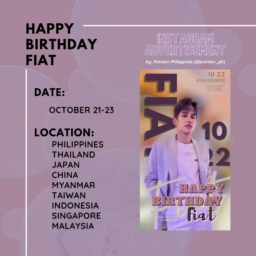 🎉FIAT INSTAGRAM ADS PROJECT🎉

Happy Birthday Fiat🧡

🗓️21-23 October 2021
📍 PH | TH | JP | CH | MM | TW | INA | SG | MY

Project by : <a href="/patnion_ph/">Official Patnion Philippines</a> 

Kindly tag or mention us when you see the ad🧡

Happy ads hunting!

#Fiat25Counted

#FiatPattadon #Patnion <a href="/FiatAngelo/">FIAT</a>