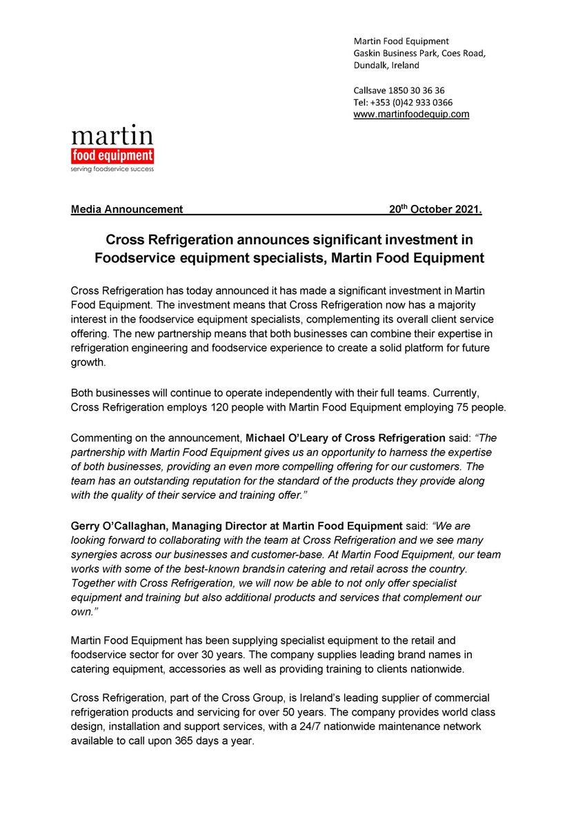 We are delighted to announce that Martin Food Equipment has formed a strategic partnership with Cross Refrigeration, Ireland’s leading supplier of commercial refrigeration products and servicing.
