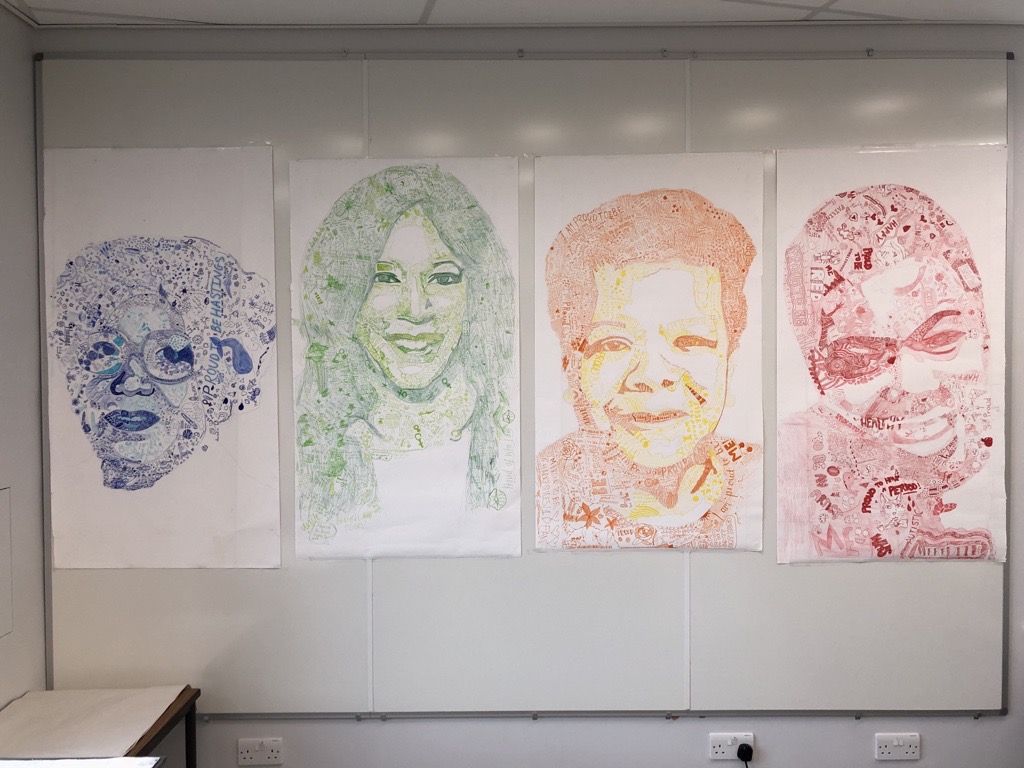 WimbledonHigh's tweet photo. 👩‍🎨🎨Looking back on our #BHM @The_Big_Draw which is now proudly on display in the STEAM Tower. In Houses,  #SeniorsWHS collaborated to create four large scale portraits of inspirational black women. 

#ProudToBe #BlackHistoryMonth #ThrowbackWHS
@ArtDept_WHS @GDST https://t.co/xALOSKLKBu