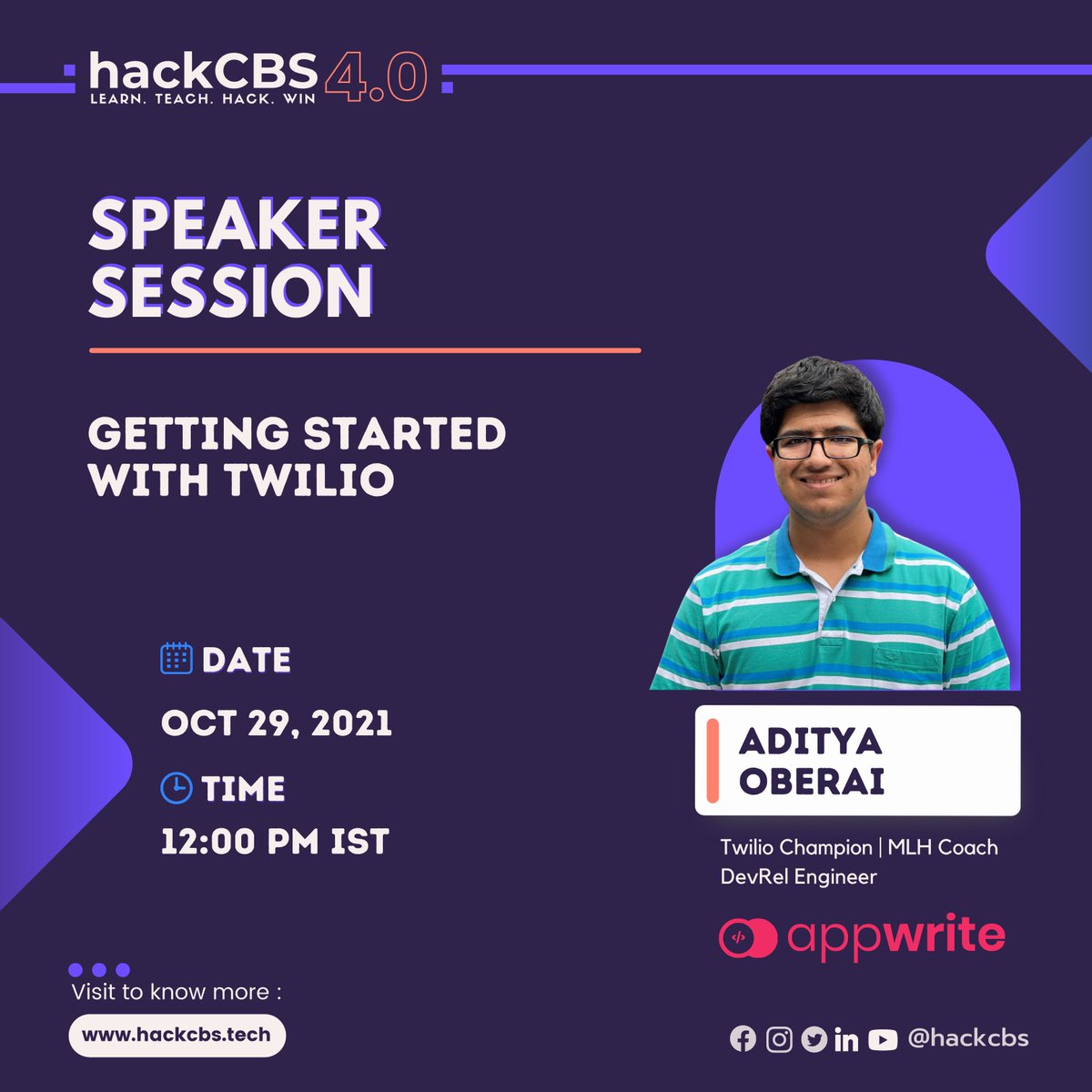 hackCBS's tweet photo. Speaker Announcement 📢 
Topic - Getting started with Twilio 📱
Speaker - Mr Aditya Oberai, Twilio champion, DevRel Engineer at AppWrite
Date - 29th October,2021
Time - 12:00 PM IST🕔

#hackcbs #virtualhackathon2021 #twilio #azure #dotnet #devrel #community #HackerEarth #YouTube https://t.co/VnCAKS910h