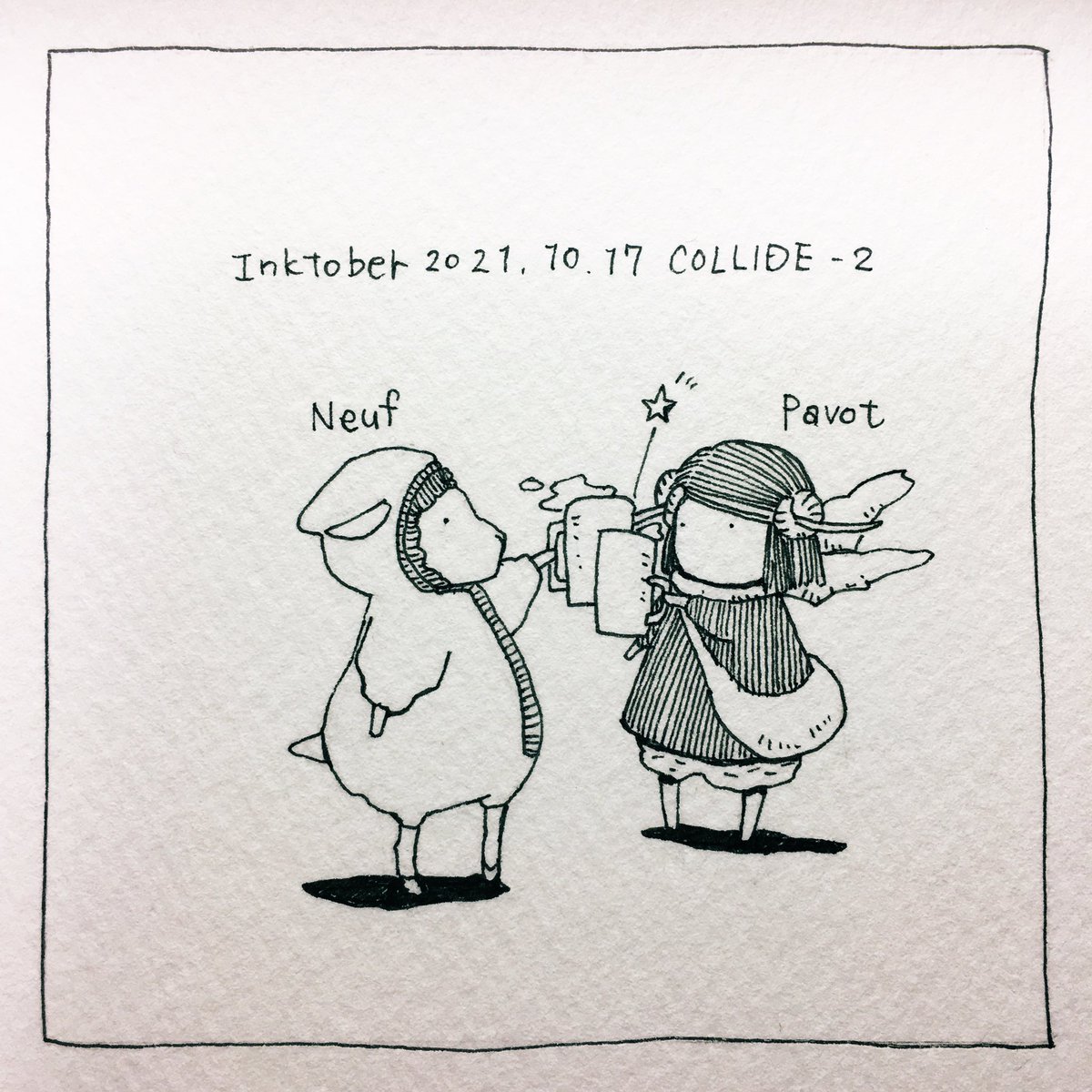 リクエストがあったので10/17の「衝突」をヌッフとパヴォで描きました。
(ヌッフはpixivの企画で描いた羊のキャラクターです。詳しくはリンクをご覧下さい)
I drew "Collide" on 10/17 with Neuf and Pavot.(Neuf is a sheep character I drew for a pixiv project. Please )
https://t.co/nzziIdgYLq 