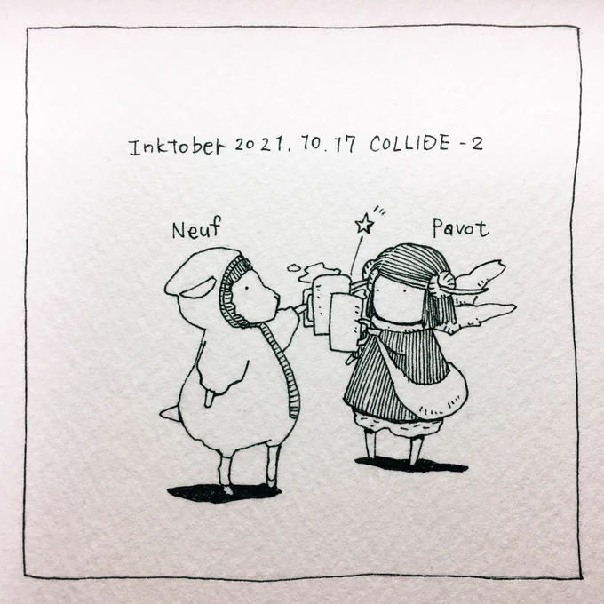 リクエストがあったので10/17の「衝突」をヌッフとパヴォで描きました。(ヌッフはpixivの企画で描いた羊のキャラクターです。詳しくはリンクをご覧下さい)I drew "Collide" on 10/17 with Neuf and Pavot.(Neuf is a sheep character I drew for a pixiv project. Please ) 