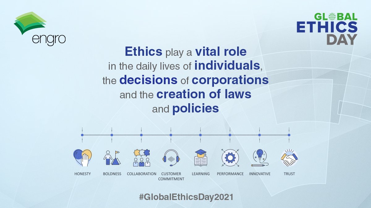 Ethics and integrity are core values for Engro, & integral to all actions & decision making. On this Global Ethics Day, let us resolve to use the power of ethics to build a better future.

#ENablingGROwth #Engro #GlobalEthicsDay2021 #SustainableBusiness #BusinessIntegrity